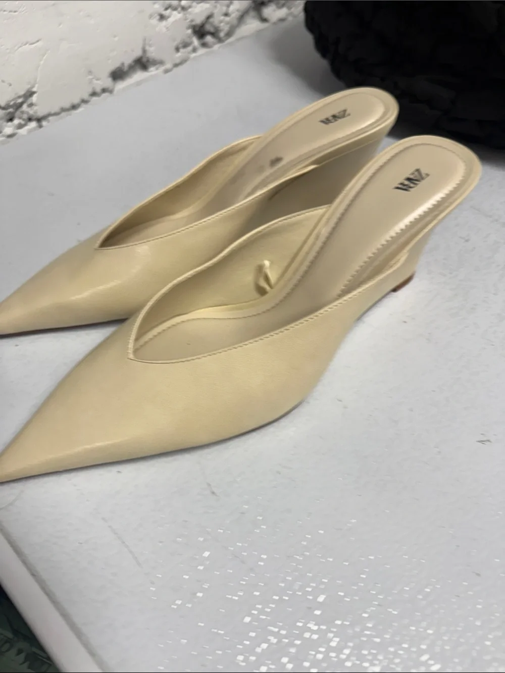 Zara Beige Pointed-Toe Wedge Mules NWOT